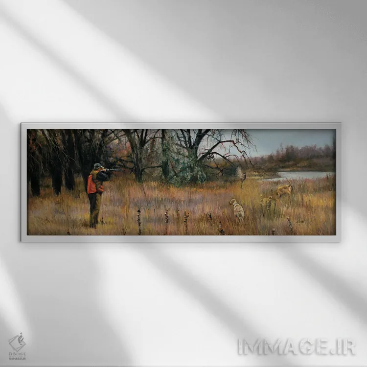 تابلو دکوراتیو شکار قرقاول به پرواز درآمده اثر شرلی کلیری - نمای قابدار سفید