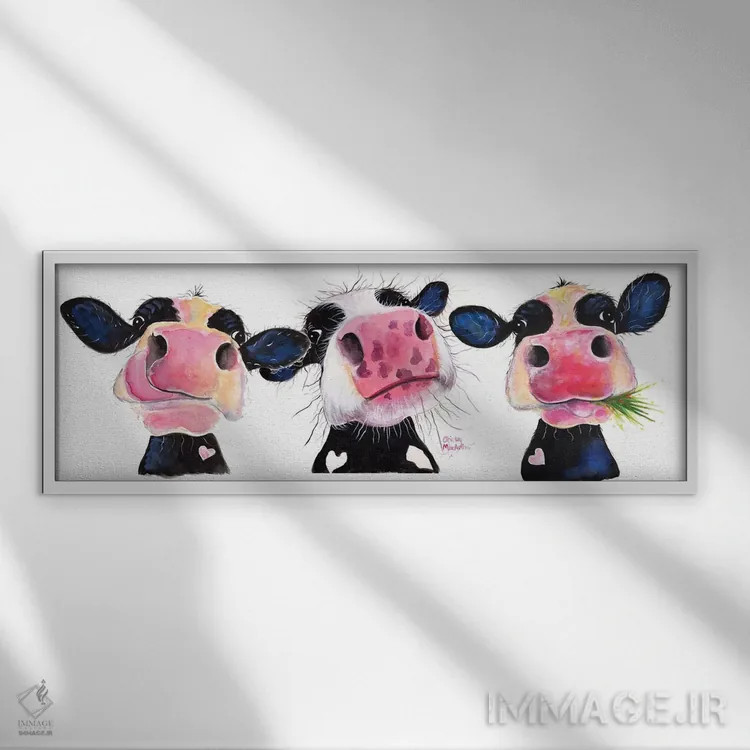 تابلو دکوراتیو گاوهای کنجکاو اثر شرلی مک آرتور - نمای قابدار سفید