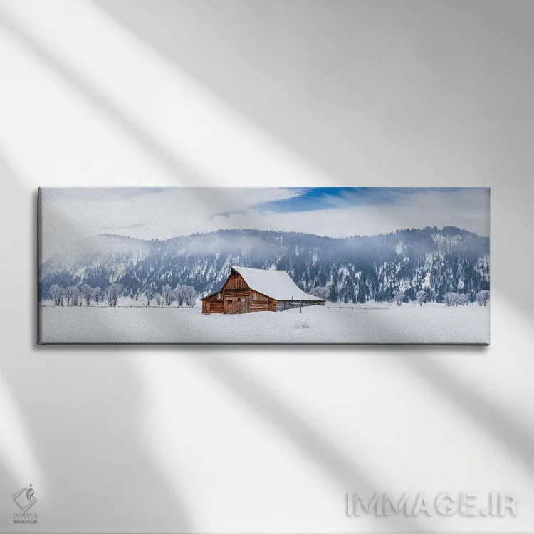 تابلو دکوراتیو انبار چوبی در برف اثر سوزانه کرمر - نمای روبهرو روی دیوار