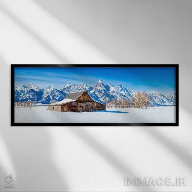 تابلو دکوراتیو نمای زمستانی پانورامای انبار گرند تتون ها اثر سوزانه کرمر - نمای قابدار مشکی