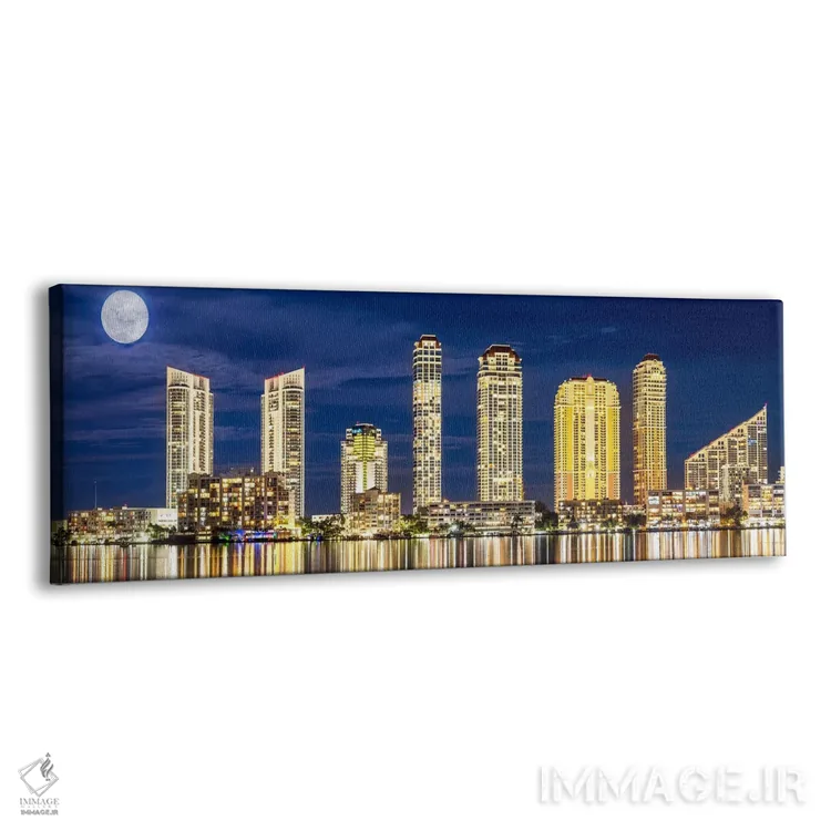 تابلو دکوراتیو پانورامای شبانه شهر با ماه کامل اثر سوزانه کرمر - نمای پرسپکتیو محصول