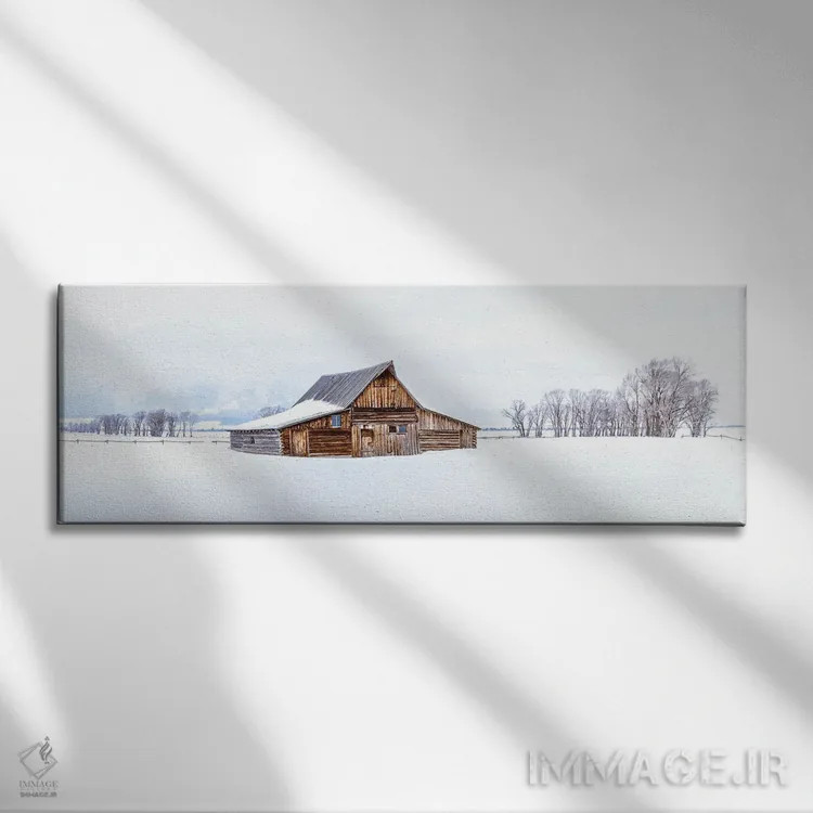 تابلو دکوراتیو انبار چوبی برف گیر در زمستان اثر سوزانه کرمر - نمای روبهرو روی دیوار