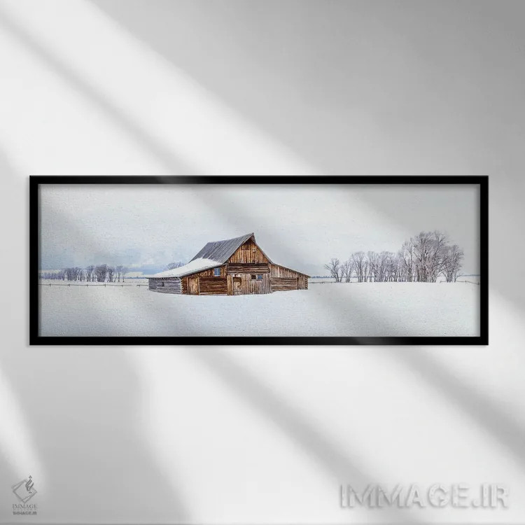 تابلو دکوراتیو انبار چوبی برف گیر در زمستان اثر سوزانه کرمر - نمای قابدار مشکی