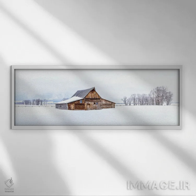 تابلو دکوراتیو انبار چوبی برف گیر در زمستان اثر سوزانه کرمر - نمای قابدار سفید