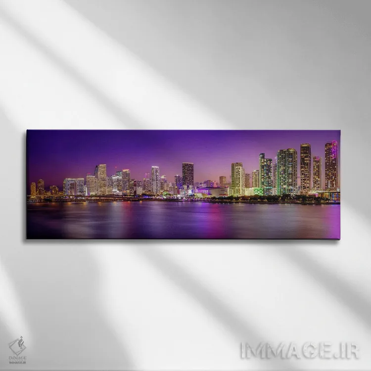 تابلو دکوراتیو چراغ های نئون پانورامایی مرکز شهر میامی در شب اثر سوزانه کرمر - نمای روبهرو روی دیوار