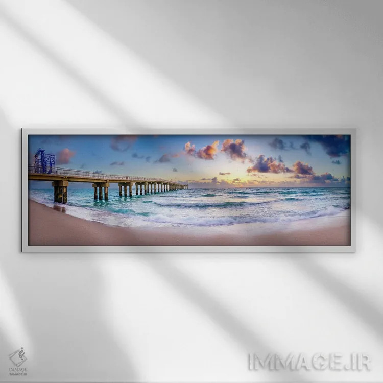 تابلو دکوراتیو پانورامای طلوع خورشید در اسکله نیوپورت اثر سوزانه کرمر - نمای قابدار سفید