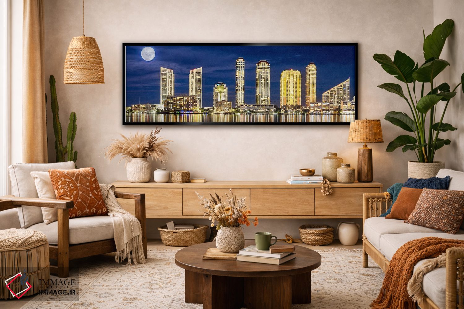 تابلو دکوراتیو پانورامای شبانه شهر با ماه کامل اثر سوزانه کرمر - D3B