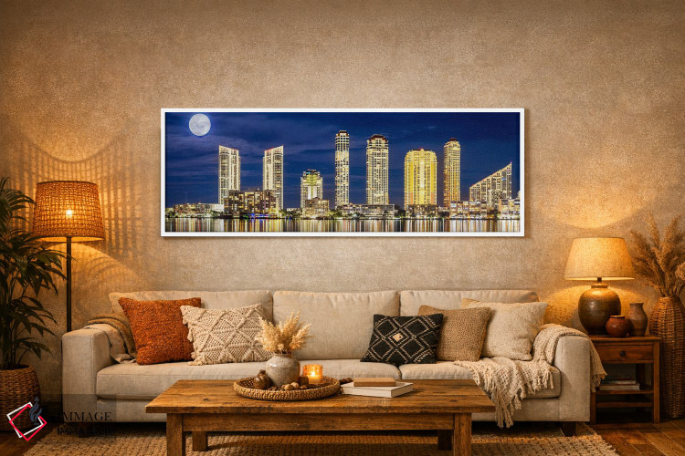 تابلو دکوراتیو پانورامای شبانه شهر با ماه کامل اثر سوزانه کرمر - D4W