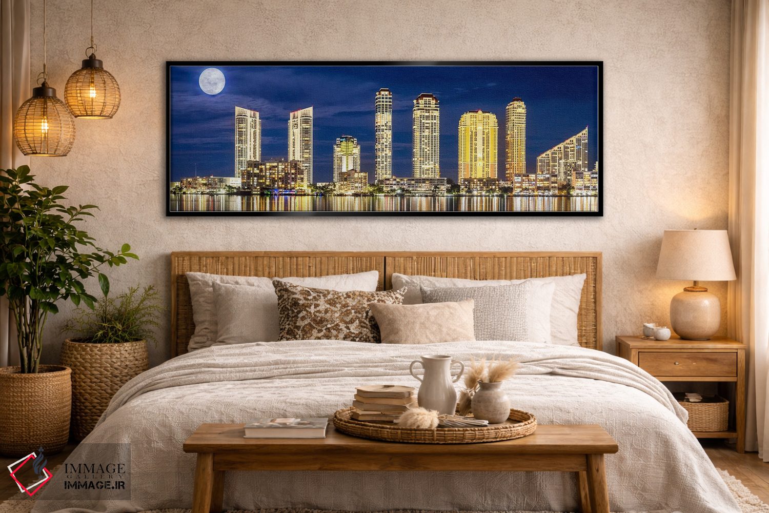 تابلو دکوراتیو پانورامای شبانه شهر با ماه کامل اثر سوزانه کرمر - D6B
