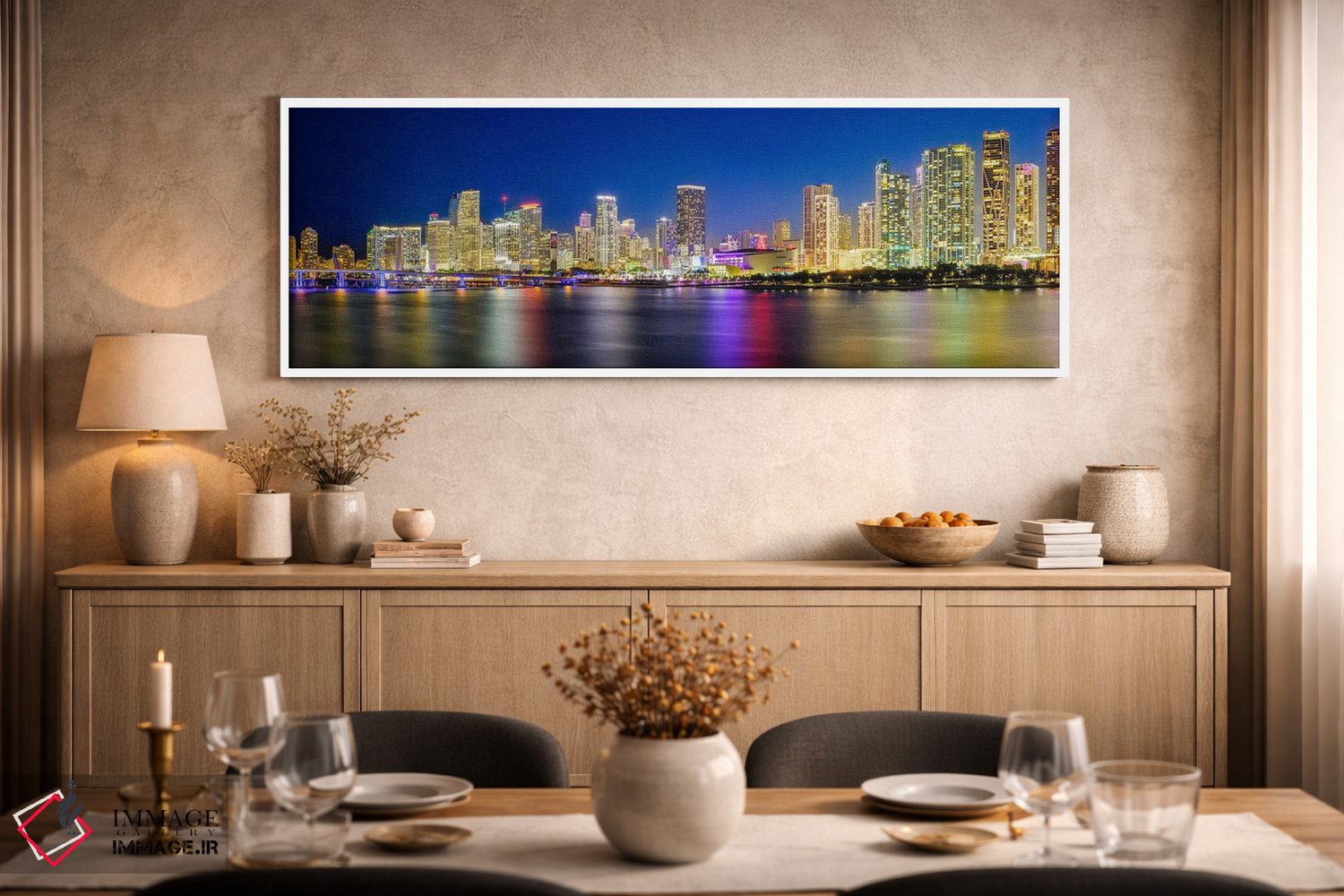 تابلو دکوراتیو پانورامای افق شهری میامی در شب اثر سوزانه کرمر - D1W