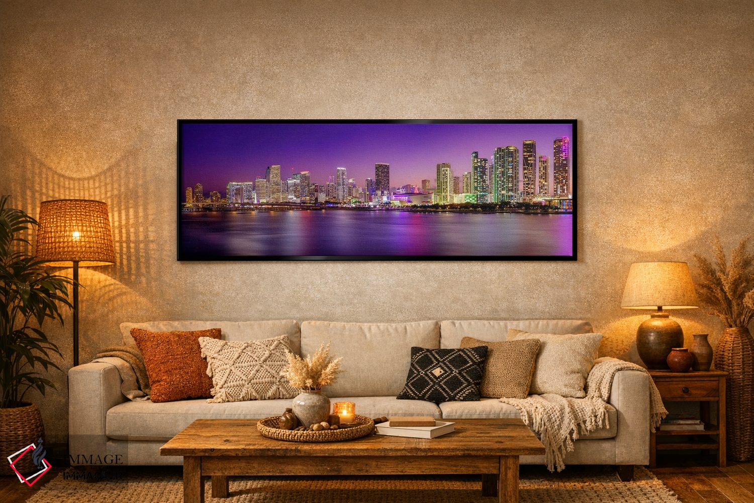 تابلو دکوراتیو چراغ های نئون پانورامایی مرکز شهر میامی در شب اثر سوزانه کرمر - D6B