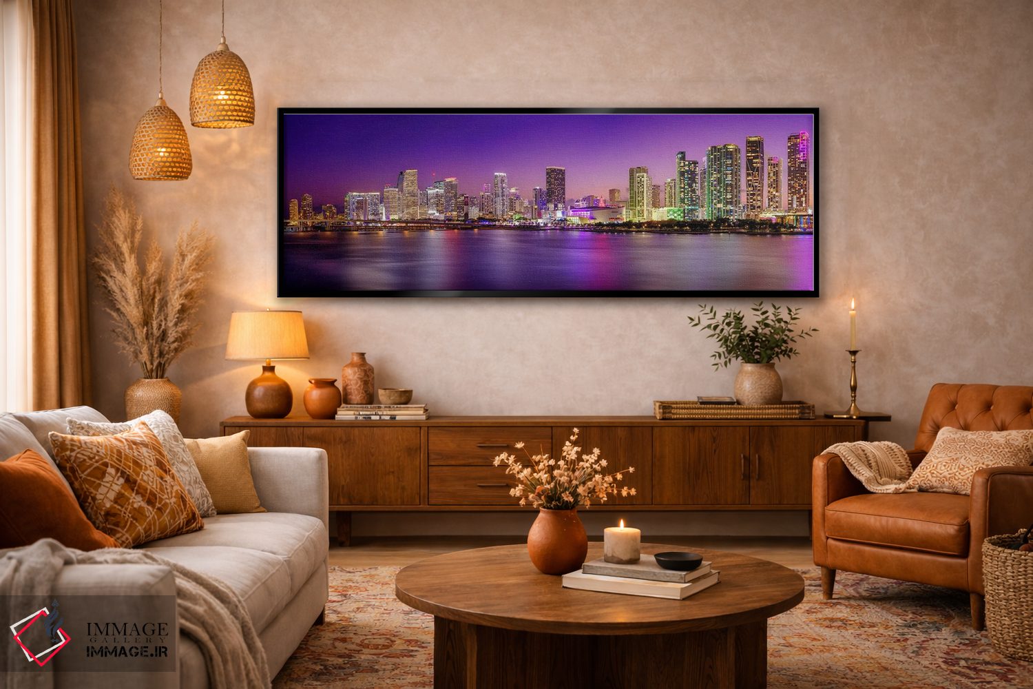 تابلو دکوراتیو چراغ های نئون پانورامایی مرکز شهر میامی در شب اثر سوزانه کرمر - D5B