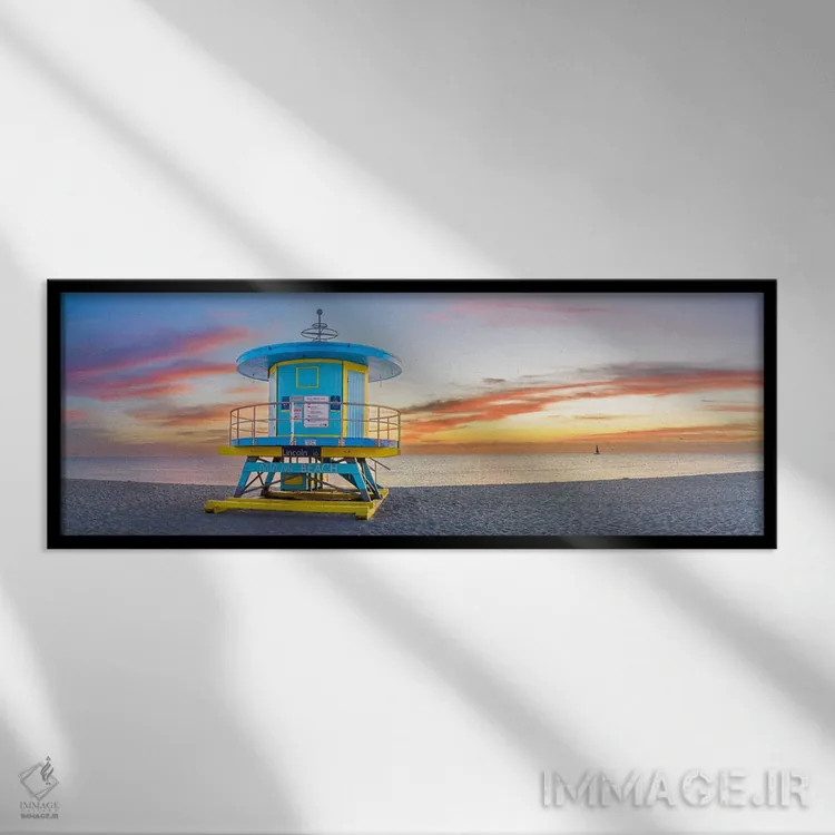 تابلو دکوراتیو طلوع آفتاب پانورامیک ساحل میامی اثر سوزانه کرمر - نمای قابدار مشکی