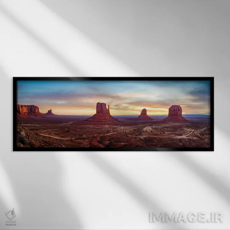 تابلو دکوراتیو طلوع آفتاب در دره مانیومنت، پارک قبیله ناواهو اثر سوزانه کرمر - نمای قابدار مشکی