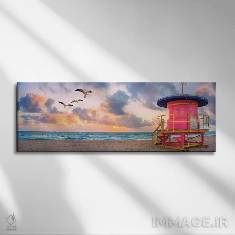 تابلو دکوراتیو خانه نجات غریق صورتی در طلوع آفتاب اثر سوزانه کرمر - نمای روبهرو روی دیوار