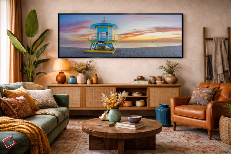 تابلو دکوراتیو طلوع آفتاب پانورامیک ساحل میامی اثر سوزانه کرمر - D3B