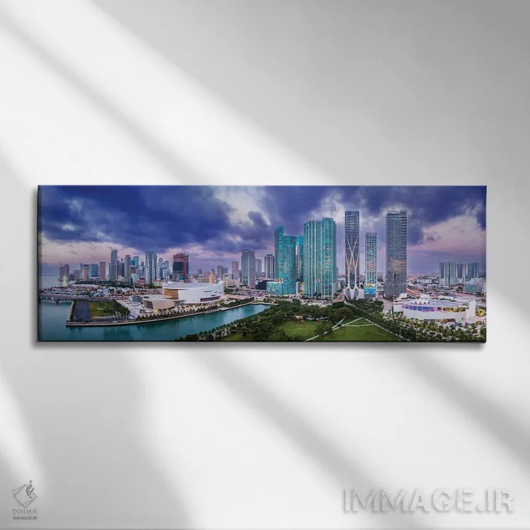 تابلو دکوراتیو نمای پانورامای هوایی اسکای لاین مرکز شهر میامی اثر سوزانه کرمر - نمای روبهرو روی دیوار