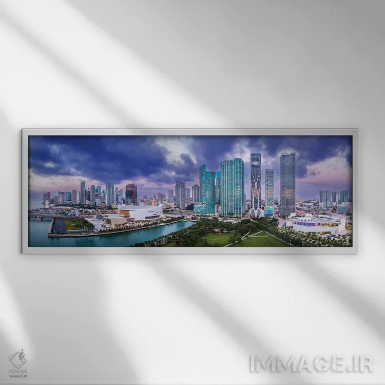 تابلو دکوراتیو نمای پانورامای هوایی اسکای لاین مرکز شهر میامی اثر سوزانه کرمر - نمای قابدار سفید