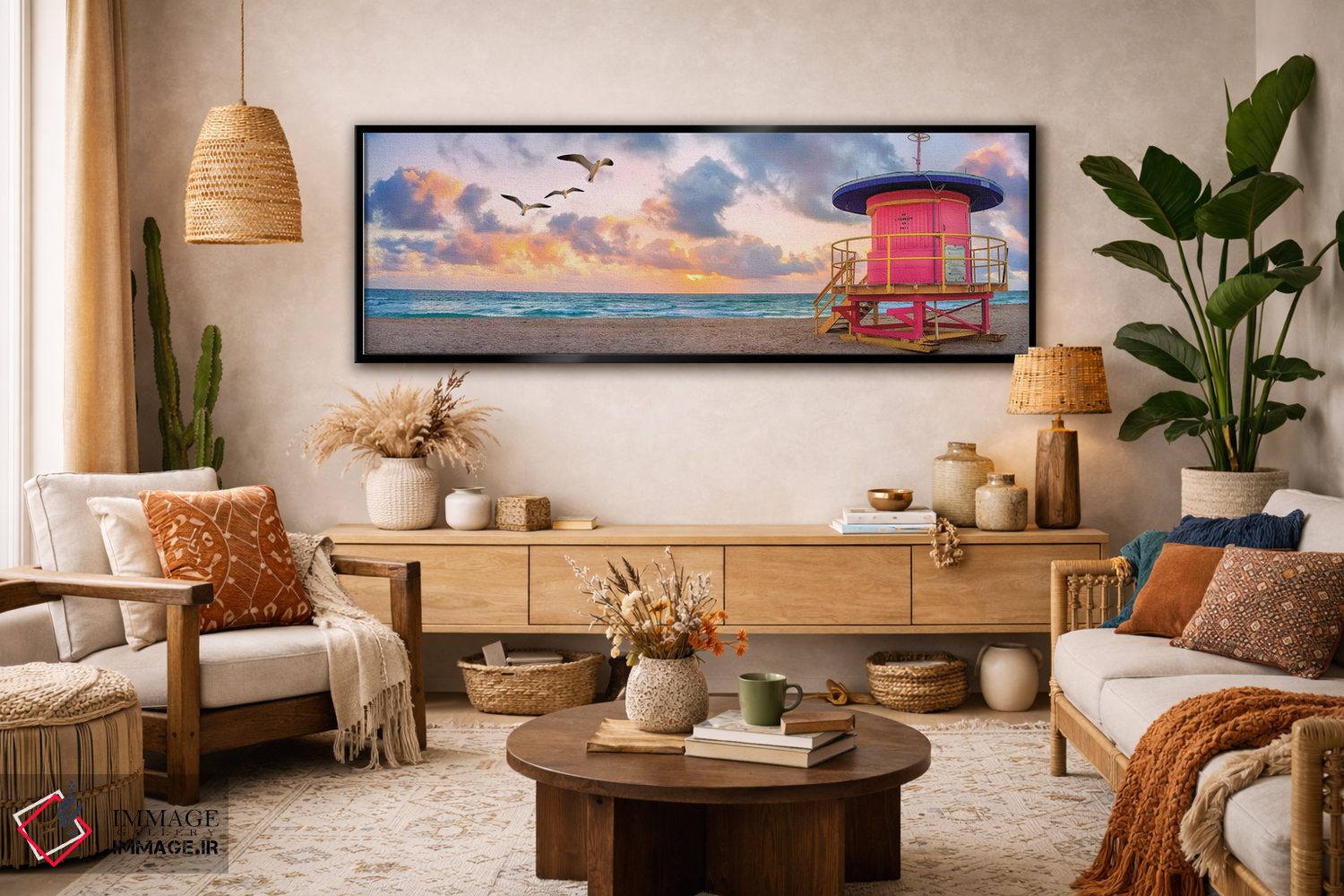 تابلو دکوراتیو خانه نجات غریق صورتی در طلوع آفتاب اثر سوزانه کرمر - D4B