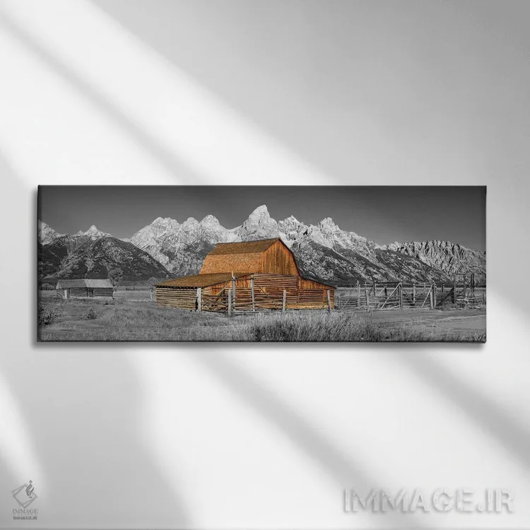تابلو دکوراتیو نمای پانورامیک سیاه و سفید انبار گرند تتون اثر سوزانه کرمر - نمای روبهرو روی دیوار