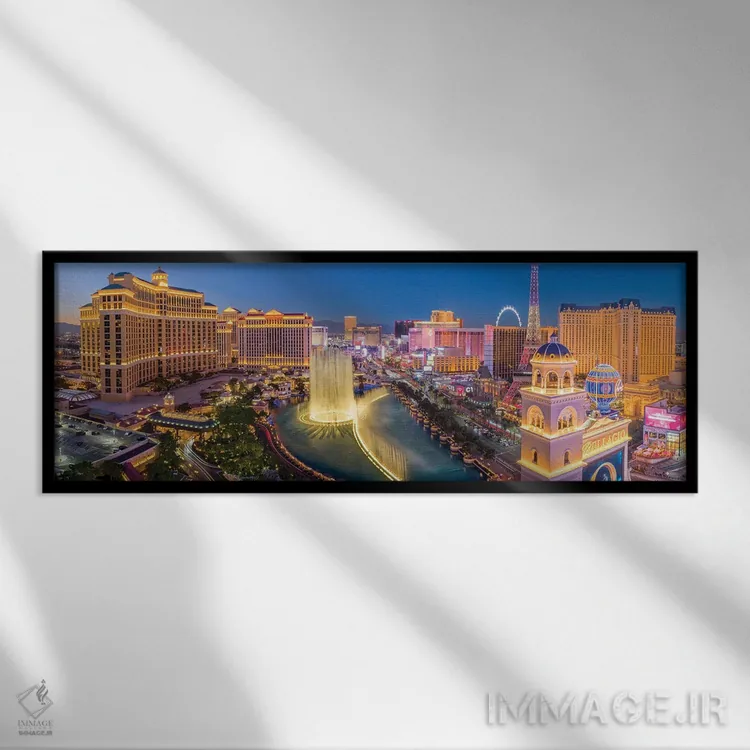 تابلو دکوراتیو فواره های رقصان لاس وگاس در شب اثر سوزانه کرمر - نمای قابدار مشکی