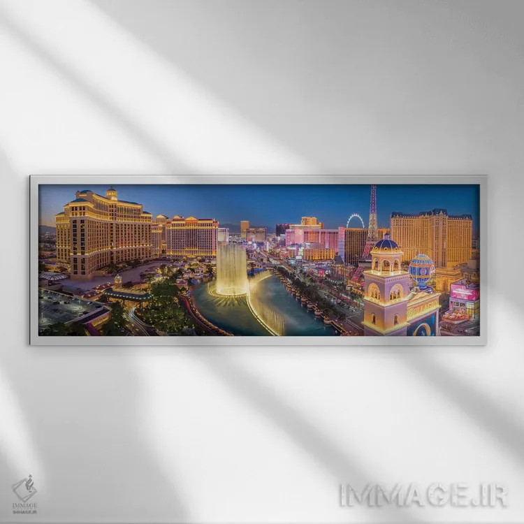 تابلو دکوراتیو فواره های رقصان لاس وگاس در شب اثر سوزانه کرمر - نمای قابدار سفید