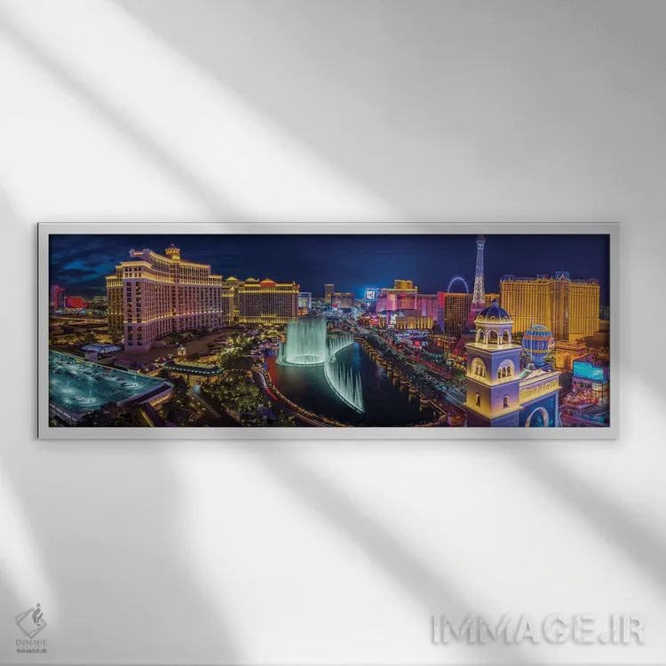 تابلو دکوراتیو نمای نوار نئونی لاس وگاس در شب اثر سوزانه کرمر - نمای قابدار سفید