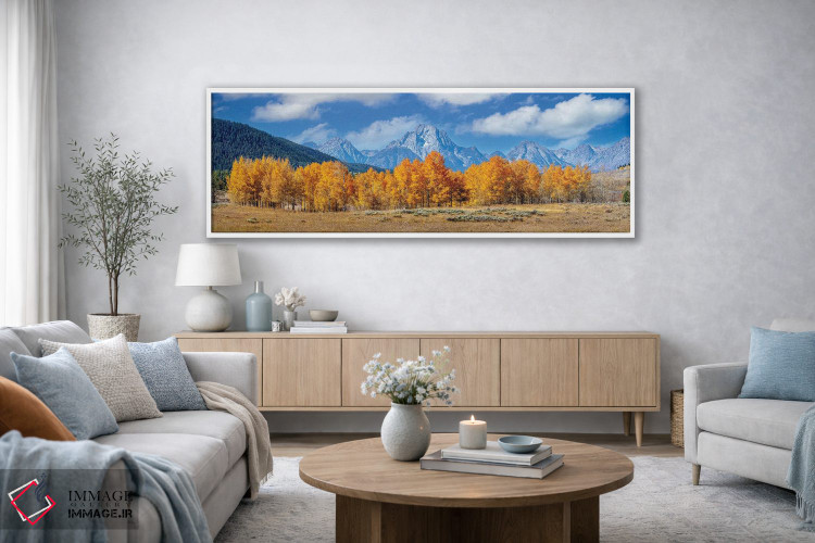تابلو دکوراتیو نمای پانورامیک پاییزی گرند تتون با درختان آسپن اثر سوزانه کرمر - D3W