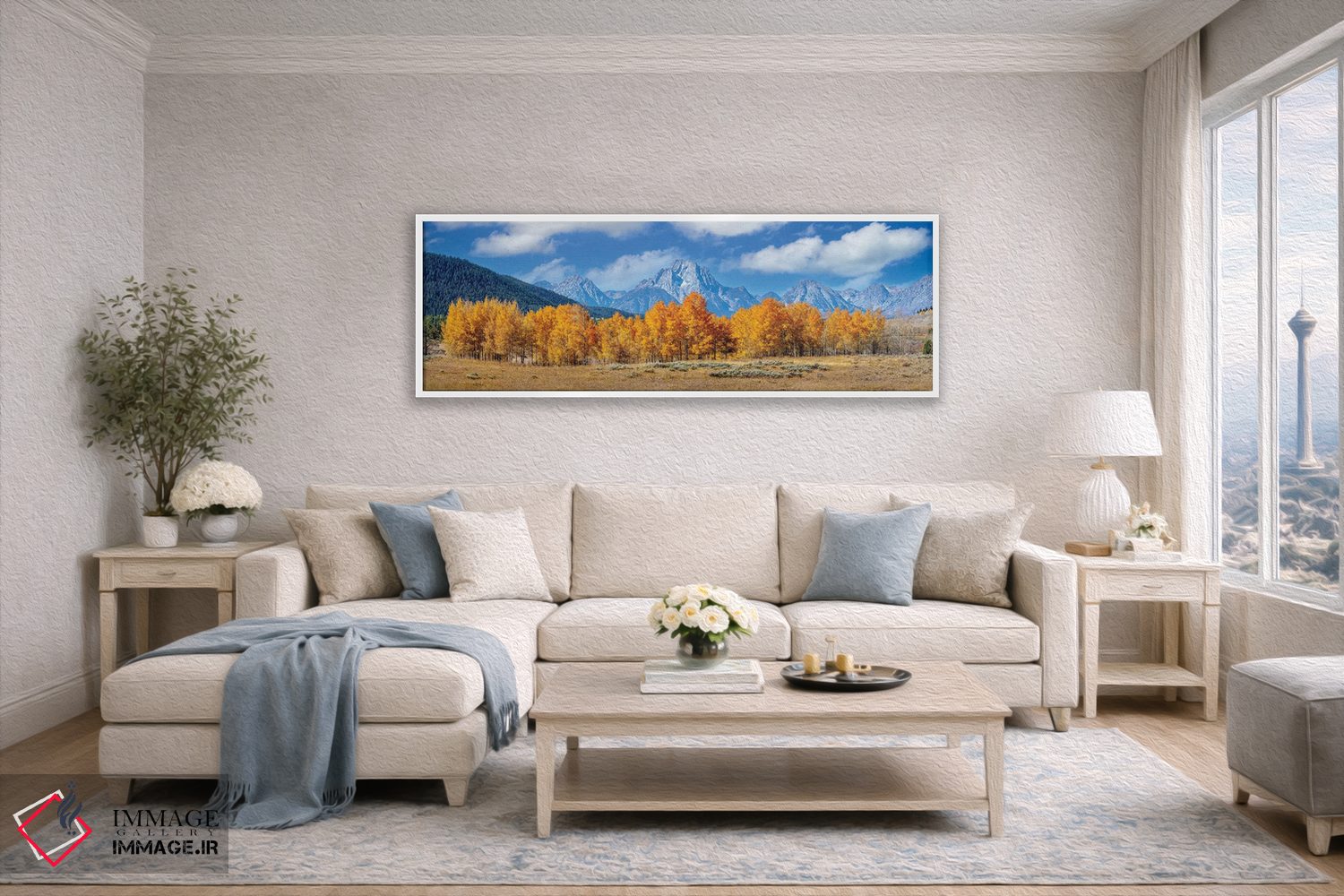 تابلو دکوراتیو نمای پانورامیک پاییزی گرند تتون با درختان آسپن اثر سوزانه کرمر - D4W
