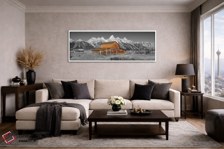 تابلو دکوراتیو نمای پانورامیک سیاه و سفید انبار گرند تتون اثر سوزانه کرمر - D3W