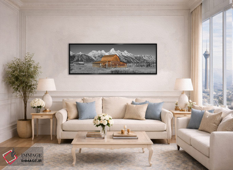 تابلو دکوراتیو نمای پانورامیک سیاه و سفید انبار گرند تتون اثر سوزانه کرمر - D5B