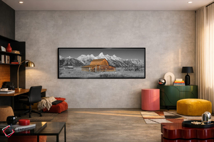 تابلو دکوراتیو نمای پانورامیک سیاه و سفید انبار گرند تتون اثر سوزانه کرمر - D6B