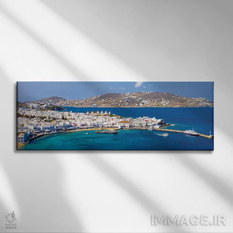 تابلو دکوراتیو کارت پستال پانوراما از میکونوس، یونان اثر سوزانه کرمر - نمای روبهرو روی دیوار