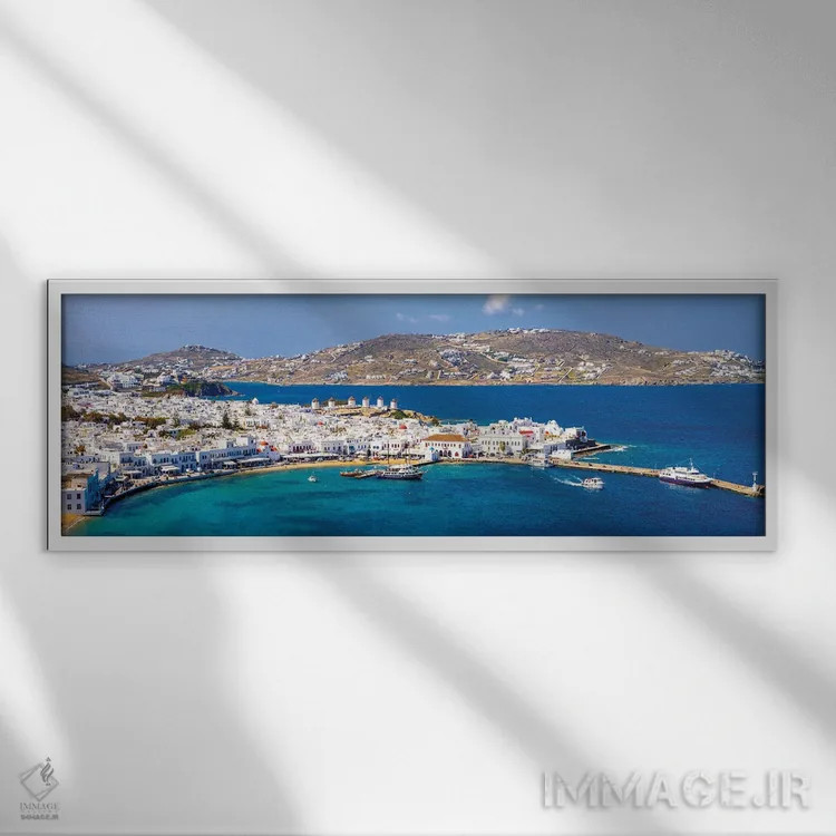 تابلو دکوراتیو کارت پستال پانوراما از میکونوس، یونان اثر سوزانه کرمر - نمای قابدار سفید