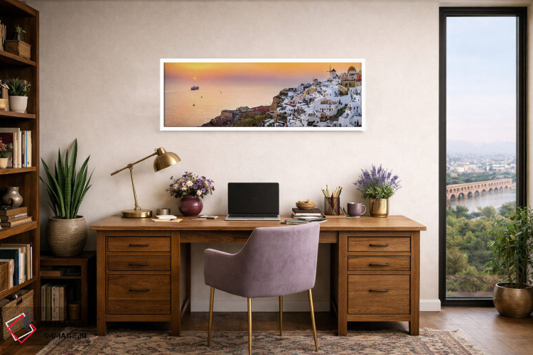 تابلو دکوراتیو Oia Santorini,کشتی تفریحی در حال حرکت به سوی غروب، اویا سان… اثر سوزانه کرمر - D1W