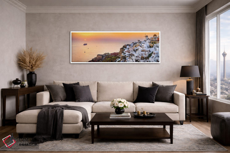 تابلو دکوراتیو Oia Santorini,کشتی تفریحی در حال حرکت به سوی غروب، اویا سان… اثر سوزانه کرمر - D3W