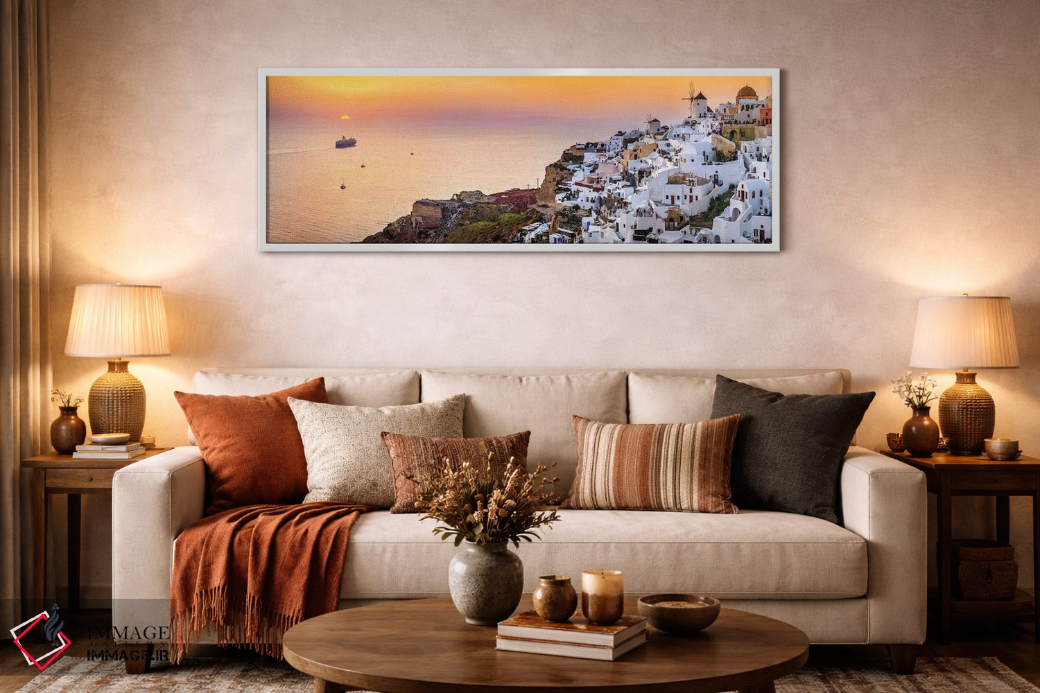 تابلو دکوراتیو Oia Santorini,کشتی تفریحی در حال حرکت به سوی غروب، اویا سان… اثر سوزانه کرمر - D4W