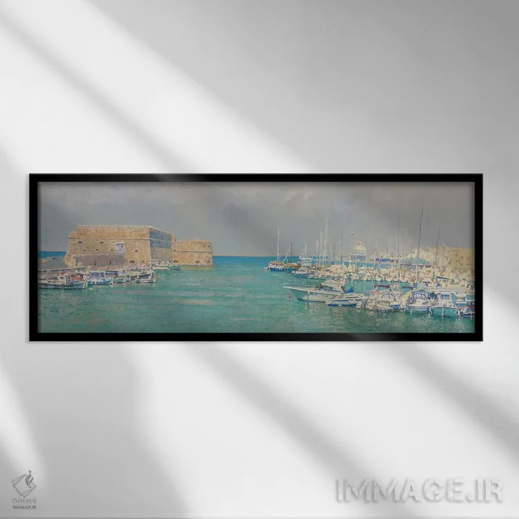 تابلو دکوراتیو هرکلیون. نمای بندر قدیمی و قلعه کوله س اثر سایمون کوژین - نمای قابدار مشکی