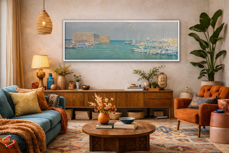 تابلو دکوراتیو هرکلیون. نمای بندر قدیمی و قلعه کوله س اثر سایمون کوژین - D3W