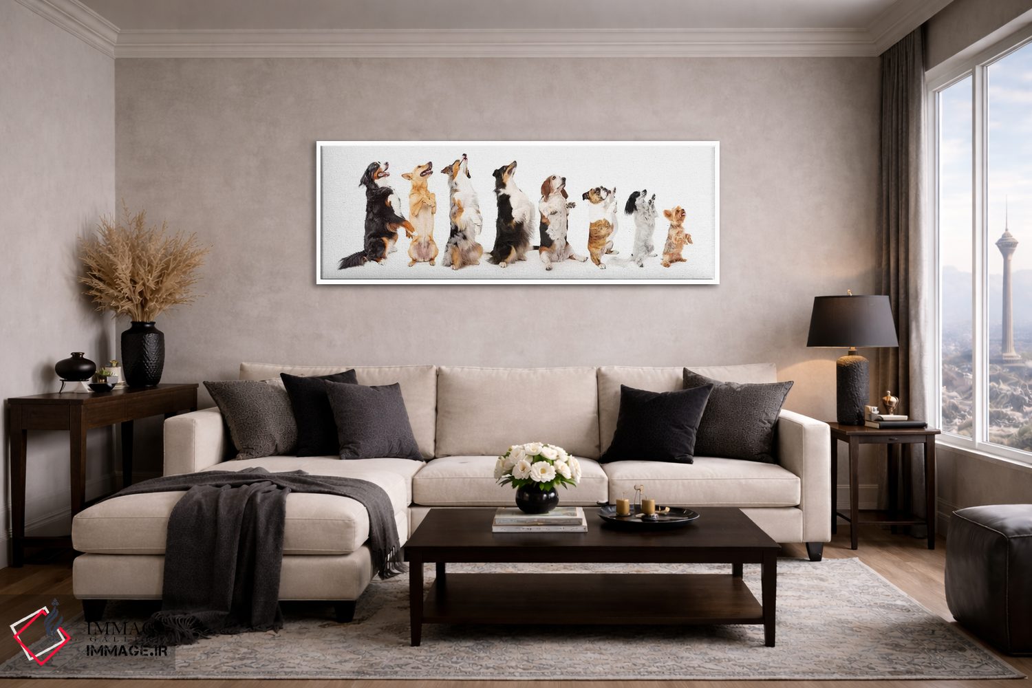 تابلو دکوراتیو ردیفی از سگ ها نشسته و به پهلو گدایی می کنند اثر سوزان ریچی - D3W