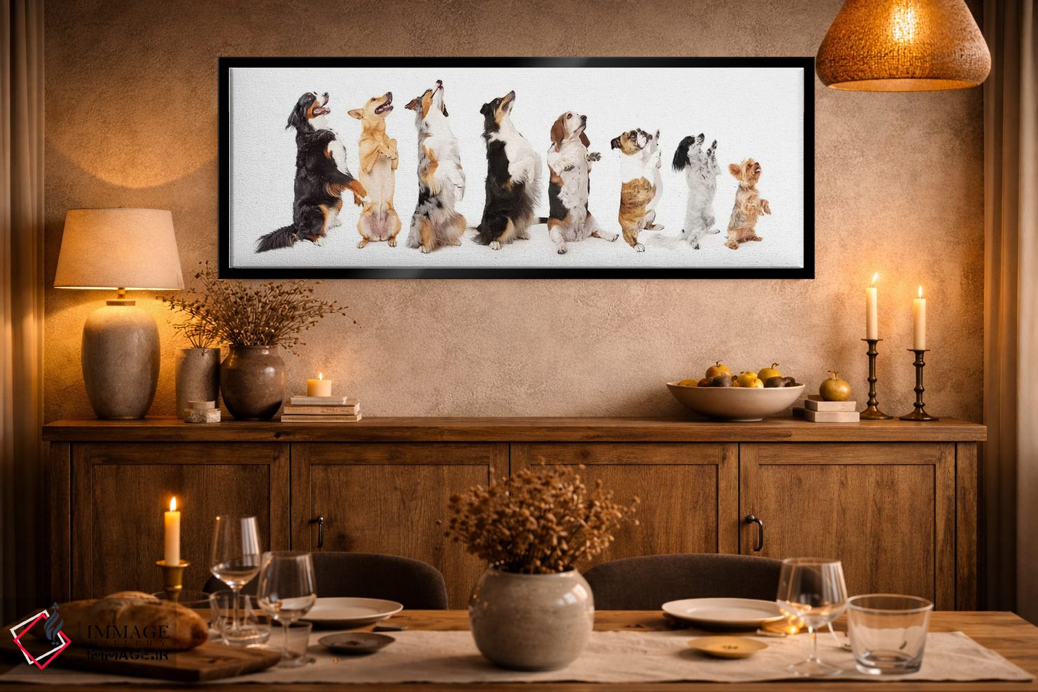 تابلو دکوراتیو ردیفی از سگ ها نشسته و به پهلو گدایی می کنند اثر سوزان ریچی - D2B