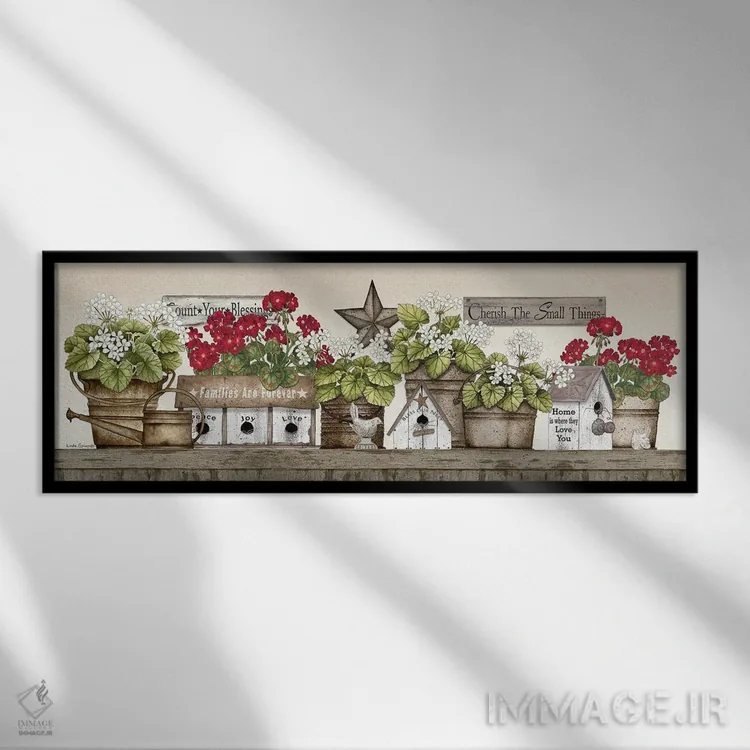 تابلو دکوراتیو طاقچه شمعدانی اثر لیندا اسپایوی - نمای قابدار مشکی
