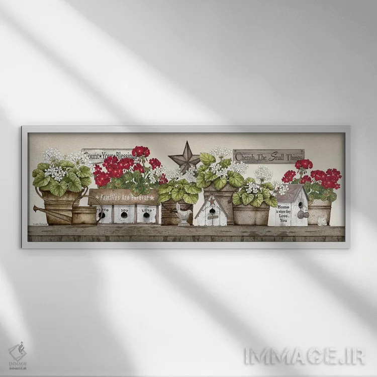 تابلو دکوراتیو طاقچه شمعدانی اثر لیندا اسپایوی - نمای قابدار سفید