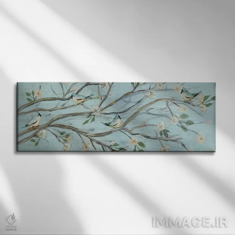 تابلو دکوراتیو آسمان آبی و شکوفه ها اثر سوزان جیـل - نمای روبهرو روی دیوار