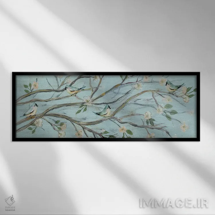 تابلو دکوراتیو آسمان آبی و شکوفه ها اثر سوزان جیـل - نمای قابدار مشکی