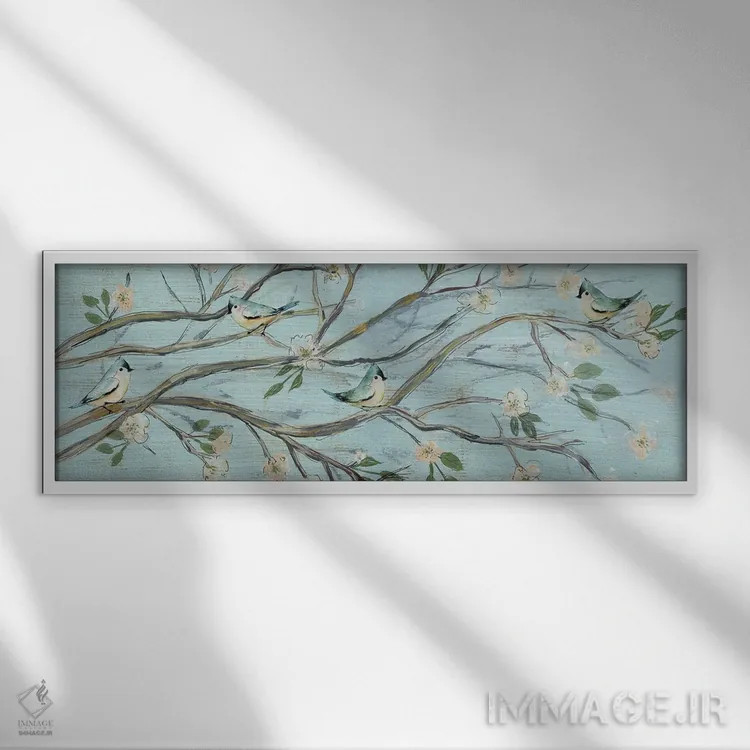تابلو دکوراتیو آسمان آبی و شکوفه ها اثر سوزان جیـل - نمای قابدار سفید