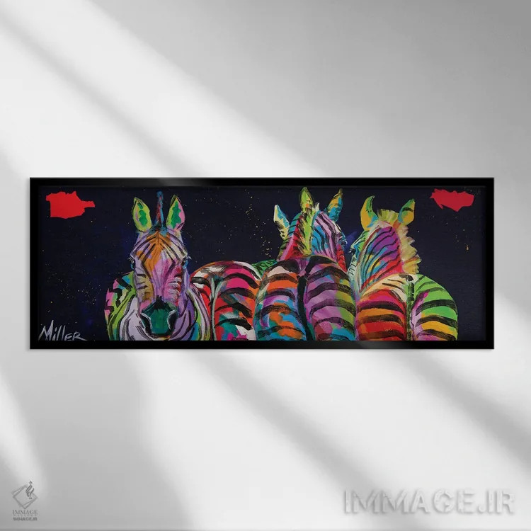 تابلو دکوراتیو گورخرها در یک صف اثر تریسی میلر - نمای قابدار مشکی
