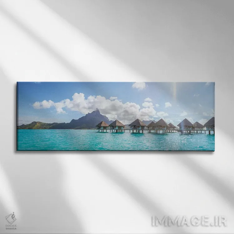 تابلو دکوراتیو منظره پانورامای خانه های ساحلی در بورا بورا اثر ماتئو کولومبو - نمای روبهرو روی دیوار