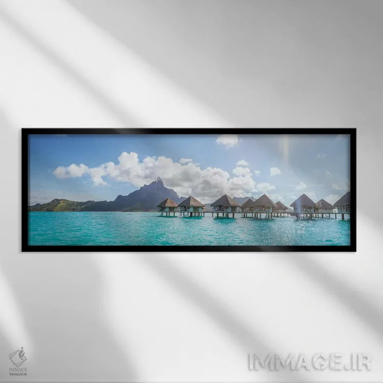 تابلو دکوراتیو منظره پانورامای خانه های ساحلی در بورا بورا اثر ماتئو کولومبو - نمای قابدار مشکی