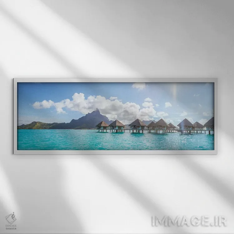 تابلو دکوراتیو منظره پانورامای خانه های ساحلی در بورا بورا اثر ماتئو کولومبو - نمای قابدار سفید